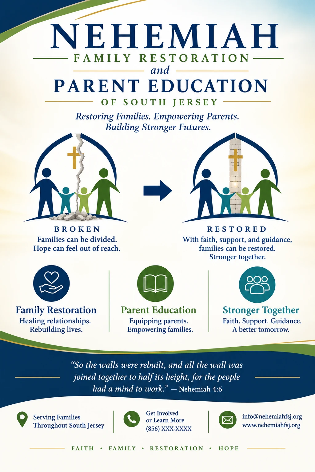 Nehemiah Family Restoration flyer artwork: from broken to restored