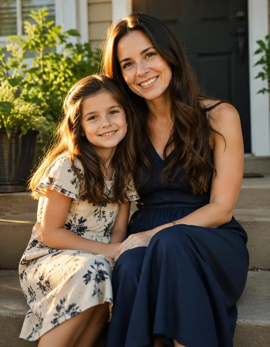Mother and daughter smiling together on the porch steps of their home in golden light