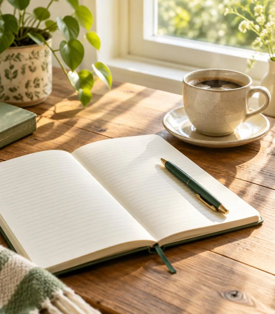 Open notebook, pen and coffee on a wooden table by a sunny window