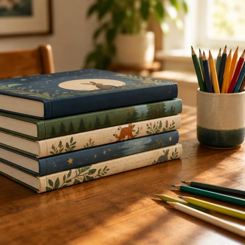 Stack of children's books beside a cup of colored pencils