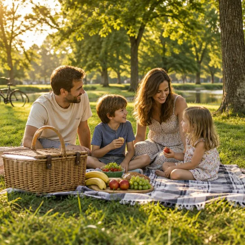 Family enjoying a picnic on a blanket in a sunny park