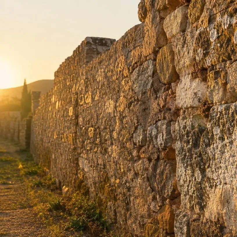 Sunrise light falling across an old stone wall