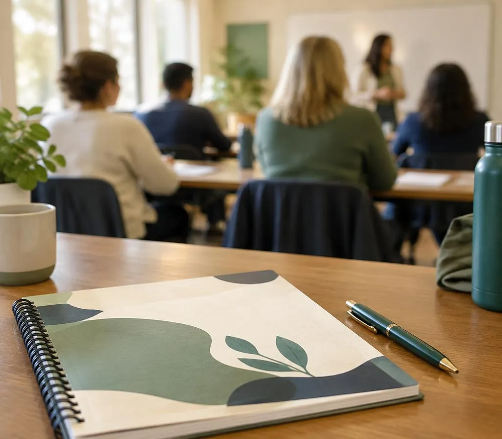 Parent workbook and pen on a table with a class of adults in soft focus