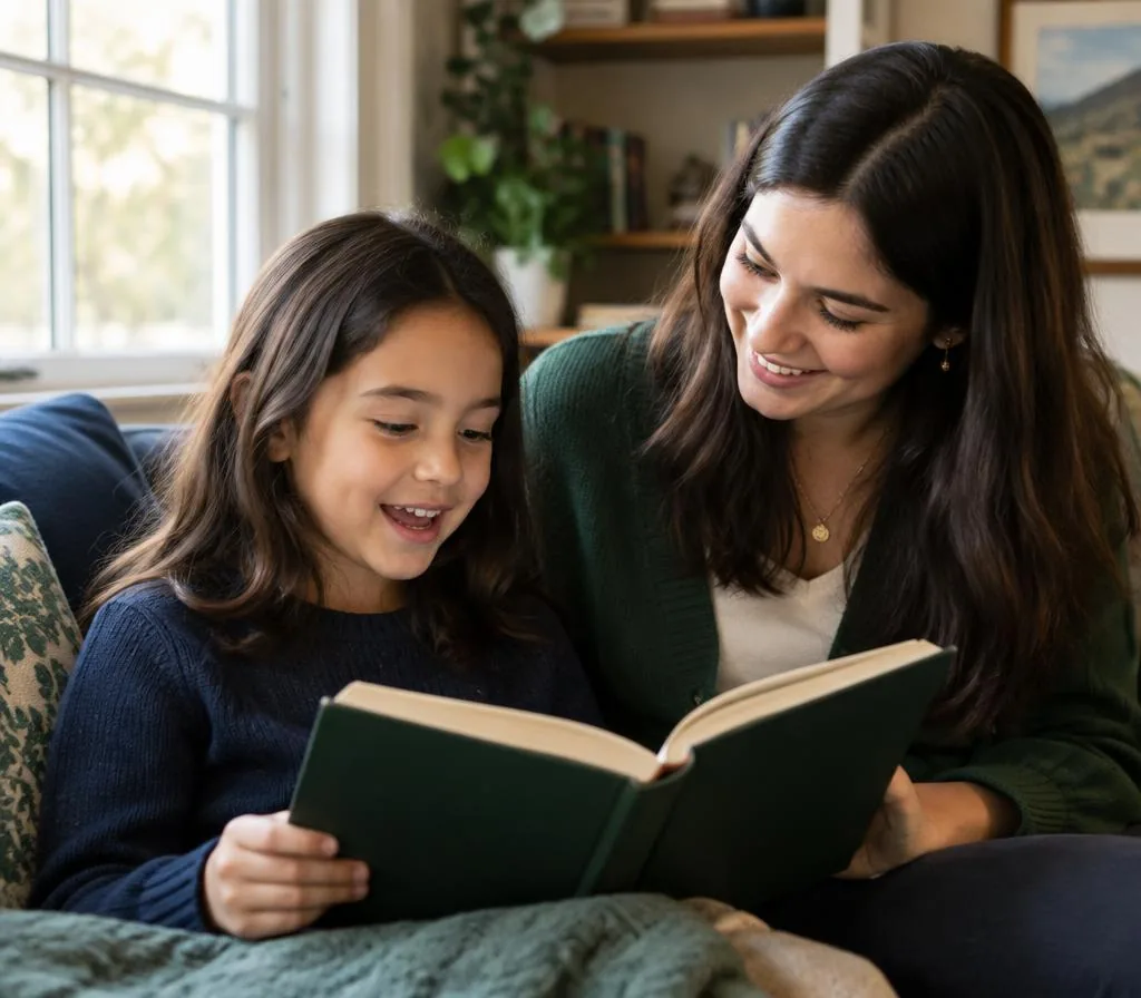 Child reading a book aloud to a smiling tutor in warm afternoon light