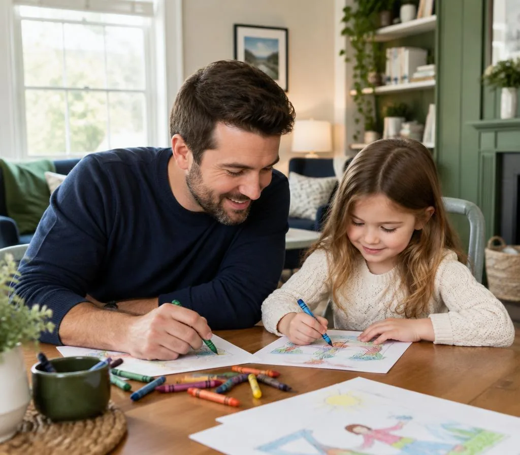 Dad and young daughter coloring together in a bright, cozy room
