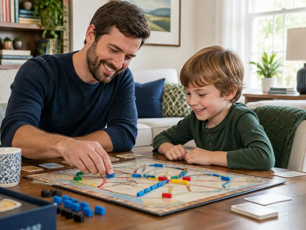 Father and young son playing a board game together in a bright family room