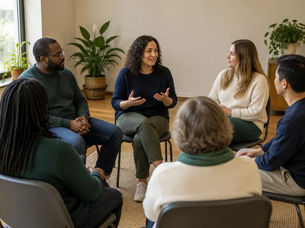 Parents seated in a circle in a warm community room while a woman educator leads