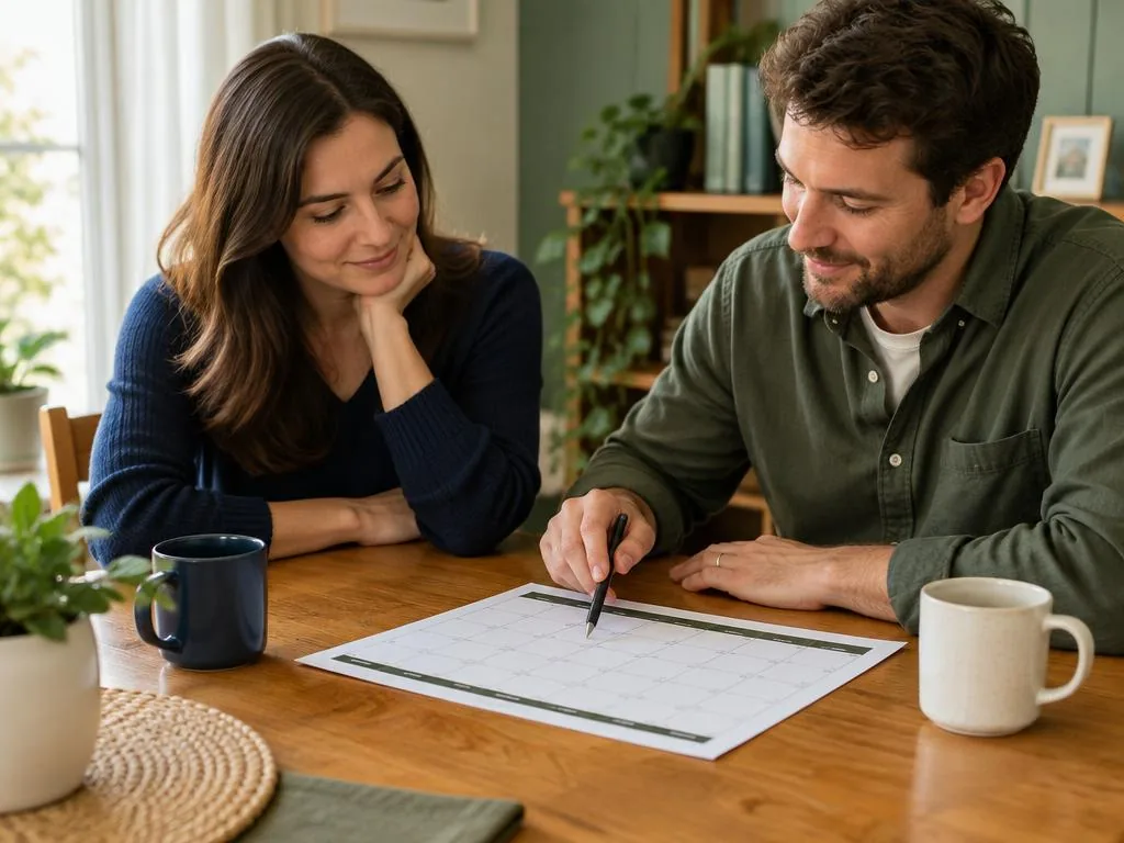 Two parents calmly reviewing a printed family calendar at a table
