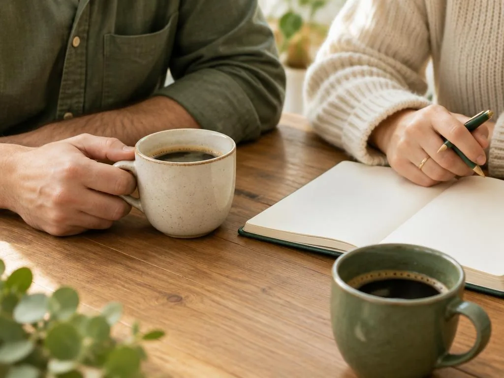 Two adults' hands over an open notebook and coffee cups