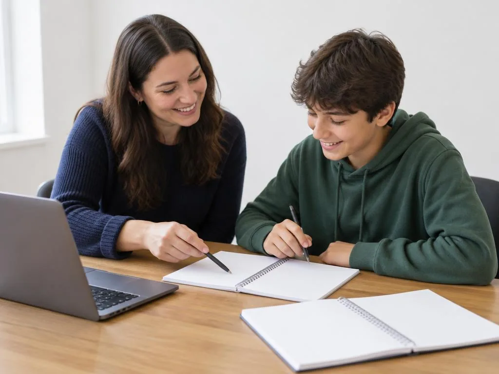 Tutor helping a middle-school student with homework beside a laptop