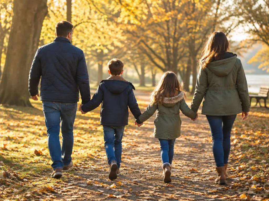 Family of four walking hand in hand through an autumn park